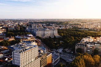 Madrid, Spain, August 24, 2020: Madrid city centre aerial panoramic view at sunset. Royal Palace