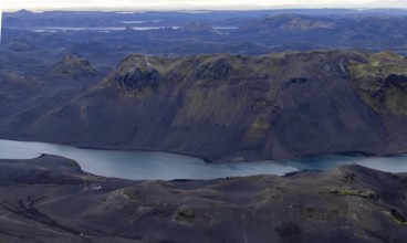 View from Mount Sveinstindur, volcanic landscape, Lake Langisjór with campsite, mountains,
