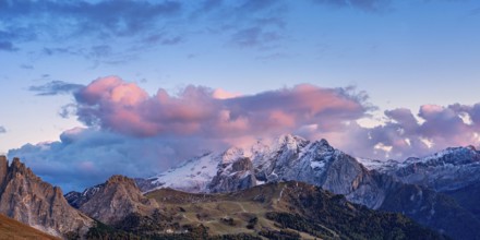 Panoramic view of snow-capped mountains in the Dolomites in Italy