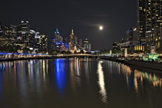 The skyline of Melbourne and the Yarra river at nighttime when there was an event of supermoon