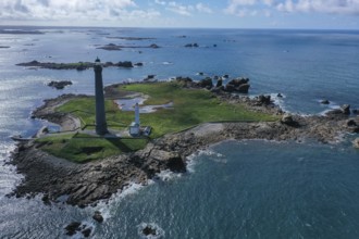Aerial view island Ile Vierge with lighthouses Phare de l'Ile Vierge, old lighthouse from 1845 and