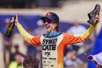 MAYDENA, AUSTRALIA - FEBRUARY 08: Jackson GOLDSTONE of Canada does a Shoey after winning Red Bull