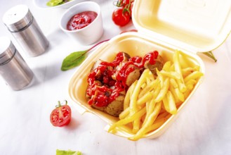 Grilled bratwurst with French fries and ketchup