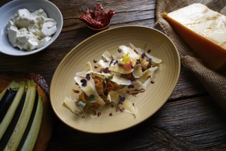 Aubergine and cheese recipe italian food on wood table