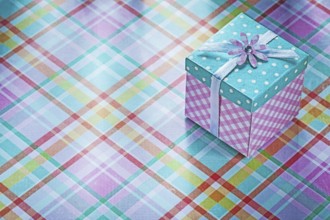 Present box on checked fabric background holidays concept