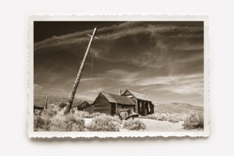 Lonely wooden house in Bodie, in front of it a crooked lamp post. Dry grass and undergrowth in the