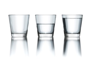 Tree water glasses empty half and full philosophy 3d illustration
