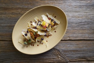 Aubergine and cheese recipe italian food on wood table