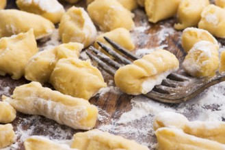 Uncooked homemade potato gnocchi with fork