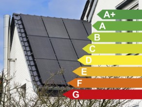 Solar panels on the roof of a house, energy efficiency classes according to the GEG, Hilden,