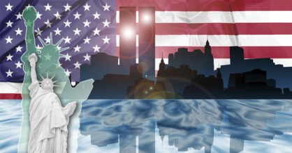 American patriotic composition of New York with Manhattan skyline and Twin Towers reflected in