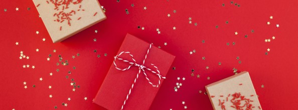 New Year or Christmas presents wrapped ribbon flat lay top view Xmas holiday 2019 celebration