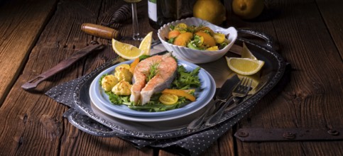 Salmon with butter fried potato puree and salad