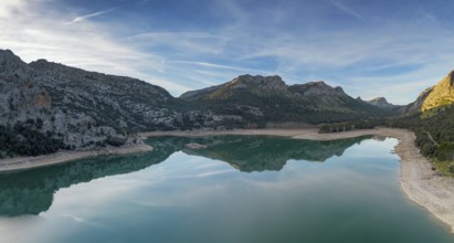 An aerial view of the picturesque Gorg Blau mountain lake and reservoir in the Serra de Tramuntana