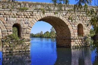 Merida in Spain roman bridge over Guadiana river Badajoz Extremadura