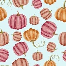 Orange and pink hand drawn watercolor pumpkins on turquoise, seamless repeating surface pattern