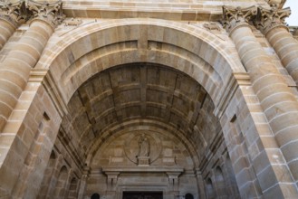 Low angle view of entrance portico to the Zamora Cathedral