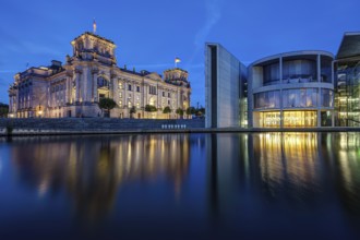 The Reichstag and the Paul Löbe House on the Spree in Berlin during the blue hour