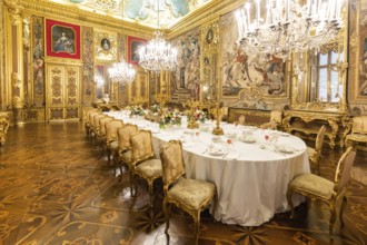 Turin, Italy, April, 2023: Royal Palace Dining Room. Luxury elegant ancient interior, circa 1860