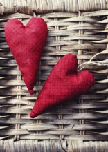 Handmade heart fabric Valentine&#39, s day on wooden table