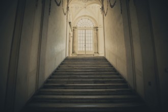 Ancient dark staircase, Grunge interior, nobody, empty building architecture, window