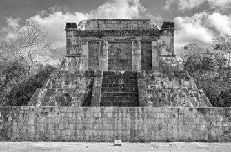 The temple of the bearded man in chichen itza in black and white the temple of the bearded man in