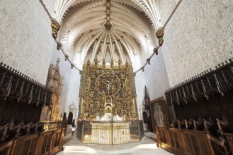 Burgos, Spain, April 13, 2019: Interior of Gothic monastery Cartuja de Miraflores in Burgos,