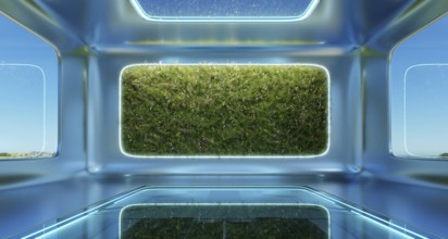 Modern futuristic interior office design with green wall plant. 3d rendering