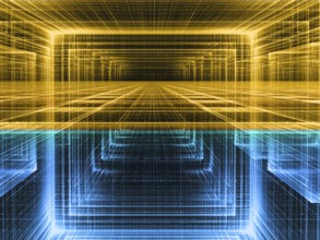 Blue and gold background - abstract computer-generated 3d illustration. Contemporary digital art: