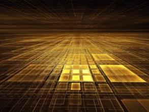 Golden tiles - abstract computer-generated 3d illustration. Fractal art - plane with glowing grid.