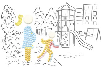 Creative medicine and healthcare concept of pills, pregnant woman walking in park with another
