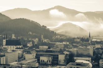 Morning atmosphere and morning fog over the Calvary, churches of Leoben, Leoben, Styria, Austria