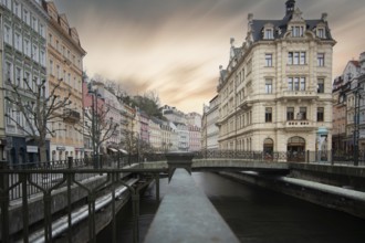 Cityscape in winter. Cityscape with historic buildings in an old town from the Baroque period.