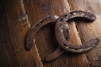 Equestrian background. Lucky old horseshoes laying at wooden background