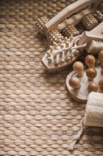Skincare articles on wicker background healthcare concept