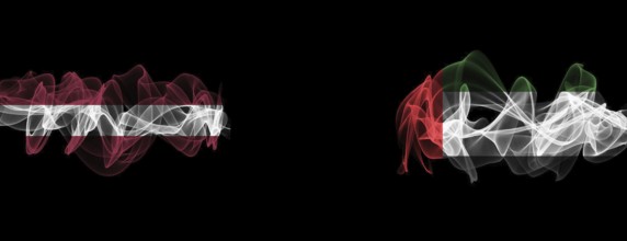Flags of Latvia and UAE on Black background, Latvia vs United Arab Emirates Smoke Flags