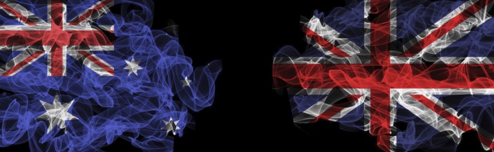 Flags of Australia and the United Kingdom on a black background, Australia vs. United Kingdom Smoke