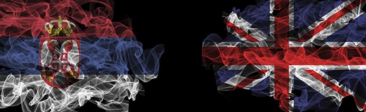 Flags of Serbia and United Kingdom on Black background, Serbia vs United Kingdom Smoke Flags