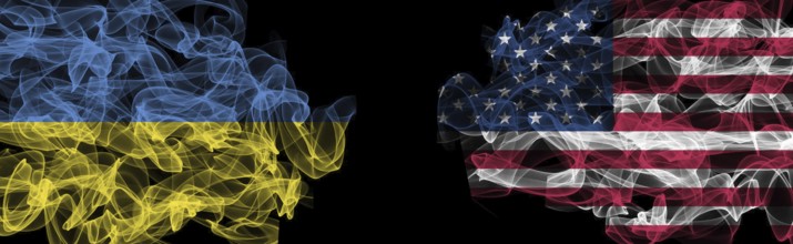 Flags of Ukraine and USA on Black background, Ukraine vs USA Smoke Flags