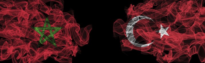 Flags of Morocco and Turkey on Black background, Morocco vs Turkey Smoke Flags