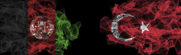 Flags of Afghanistan and Turkey on Black background, Afghanistan vs Turkey Smoke Flags