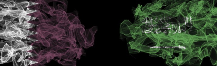 Flags of Qatar and Saudi Arabia on Black background, Qatar vs Saudi Arabia Smoke Flags