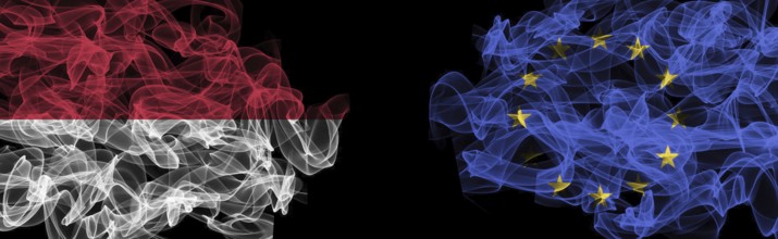 Flags of Indonesia and EU on Black background, Indonesia vs Europe Union Smoke Flags