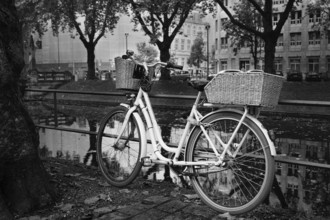 Vintage bicycle on Königsallee in Düsseldorf, blurred background, Düsseldorf, Germany