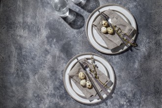 Food, Food, Easter festive table setting with quail eggs. top view