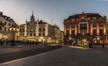 Uppsala, Uppland, Sweden, 07 27 2019 The city hall and the Thoren business School by night