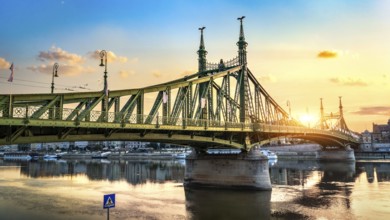 Liberty bridge on Danube river at sunrise, Hungary