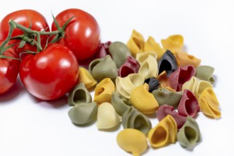 Coloured Italian snail pasta made from durum wheat semolina with red vine tomatoes against a white