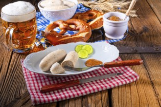 Bavarian veal sausage pretzels and beer at the Oktoberfest