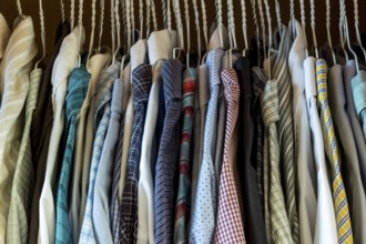 Bedroom wardrobe with men's shirts on hangers, selection and organisation Austria